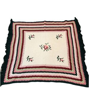 Vintage Handmade Crochet Afghan Blanket Floral Pink Green Fringe Throw 45x52